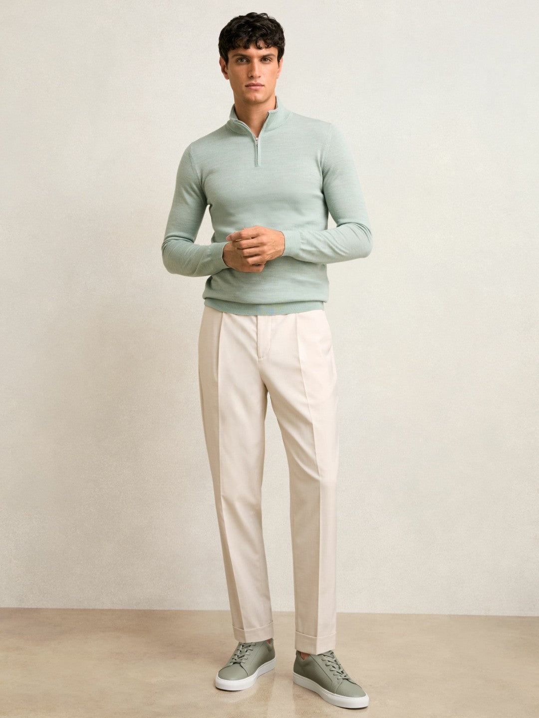 Men Merino Wool Half-Zip Jumper in Sage Green Melange
