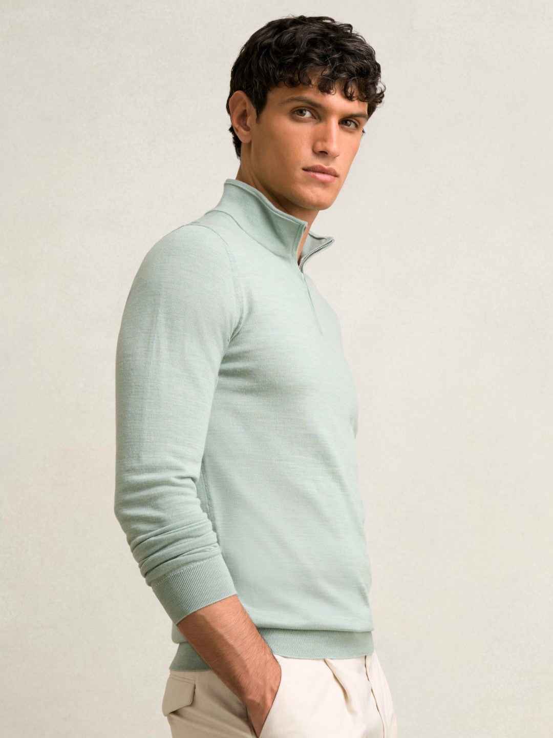 Men Merino Wool Half-Zip Jumper in Sage Green Melange
