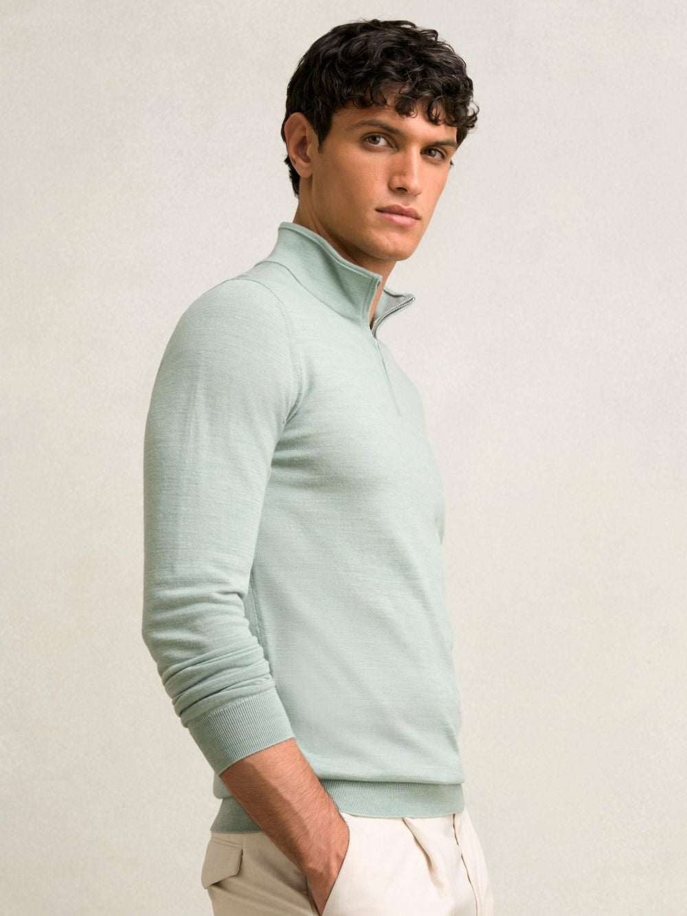 Men Merino Wool Half-Zip Jumper in Sage Green Melange