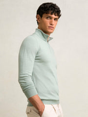 Men Merino Wool Half-Zip Jumper in Sage Green Melange