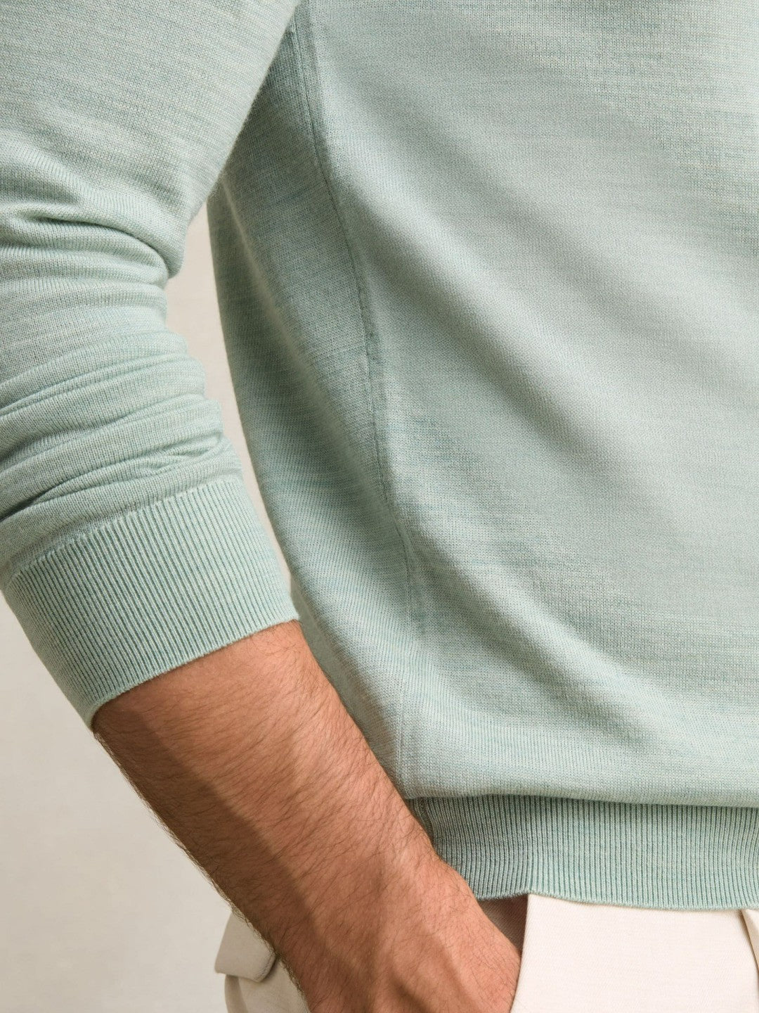 Men Merino Wool Half-Zip Jumper in Sage Green Melange