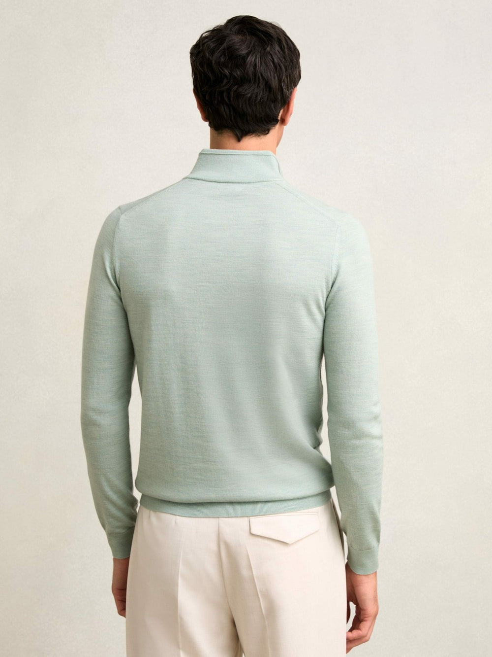 Men Merino Wool Half-Zip Jumper in Sage Green Melange