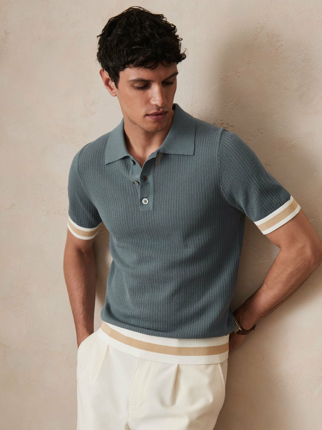 Men | Ché Cotton Knit Polo Shirt in Airforce Blue