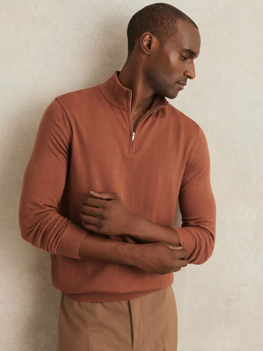 Men Merino Wool Half-Zip Jumper in Cinnamon Brown