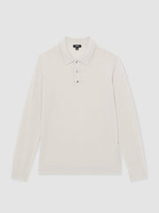 Men Merino Wool Long-Sleeve Polo Shirt in Beige