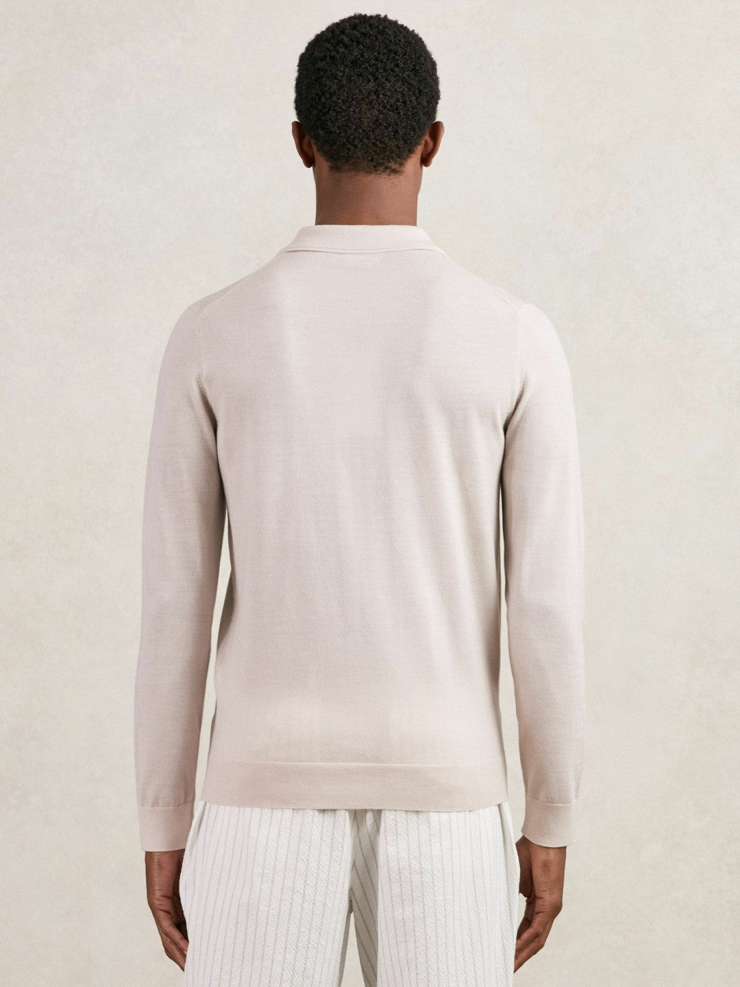 Men Merino Wool Long-Sleeve Polo Shirt in Beige