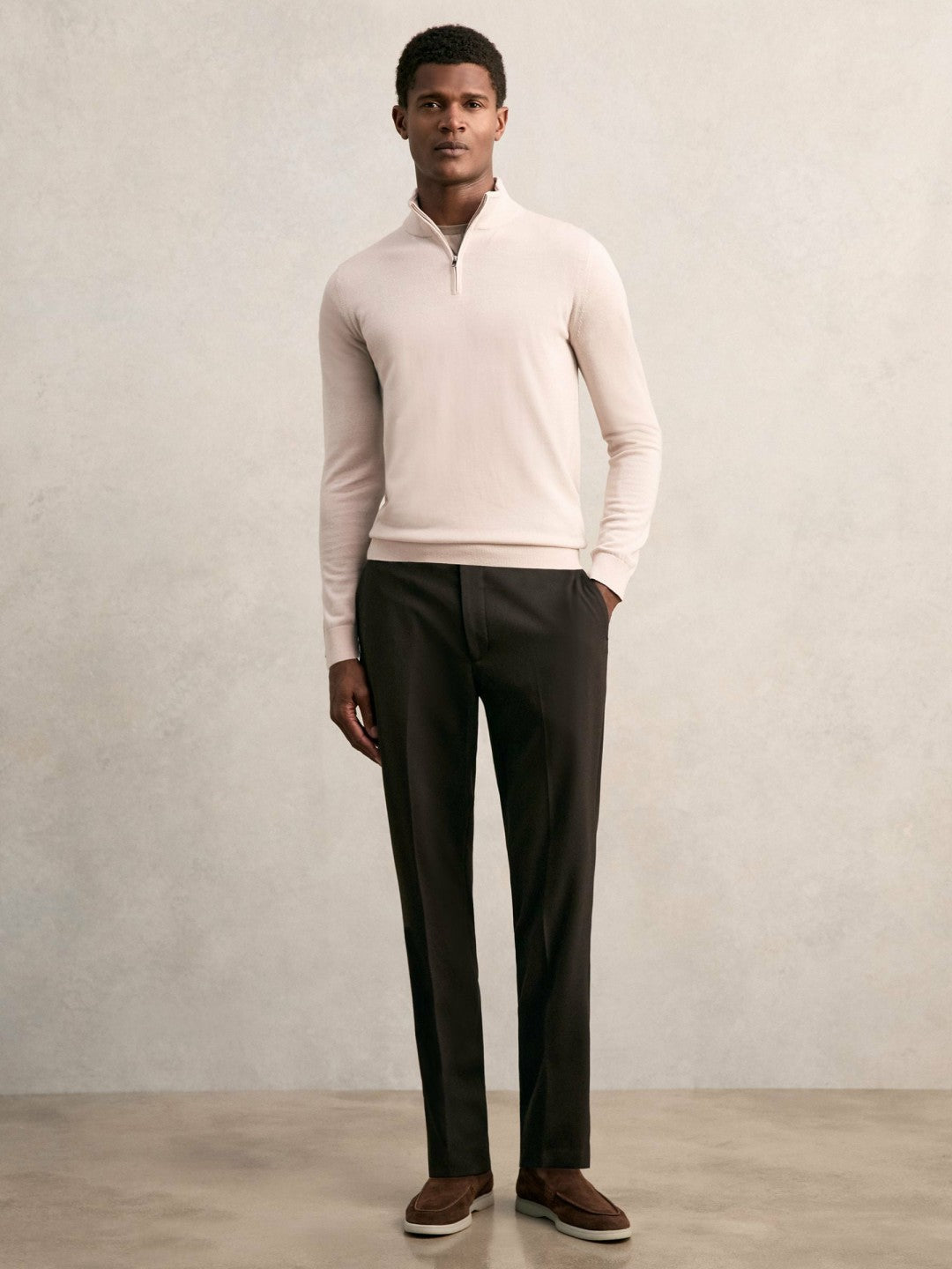 Men Merino Wool Half-Zip Jumper in Beige