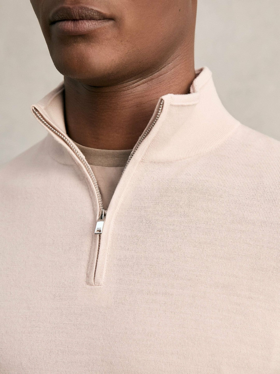 Men Merino Wool Half-Zip Jumper in Beige