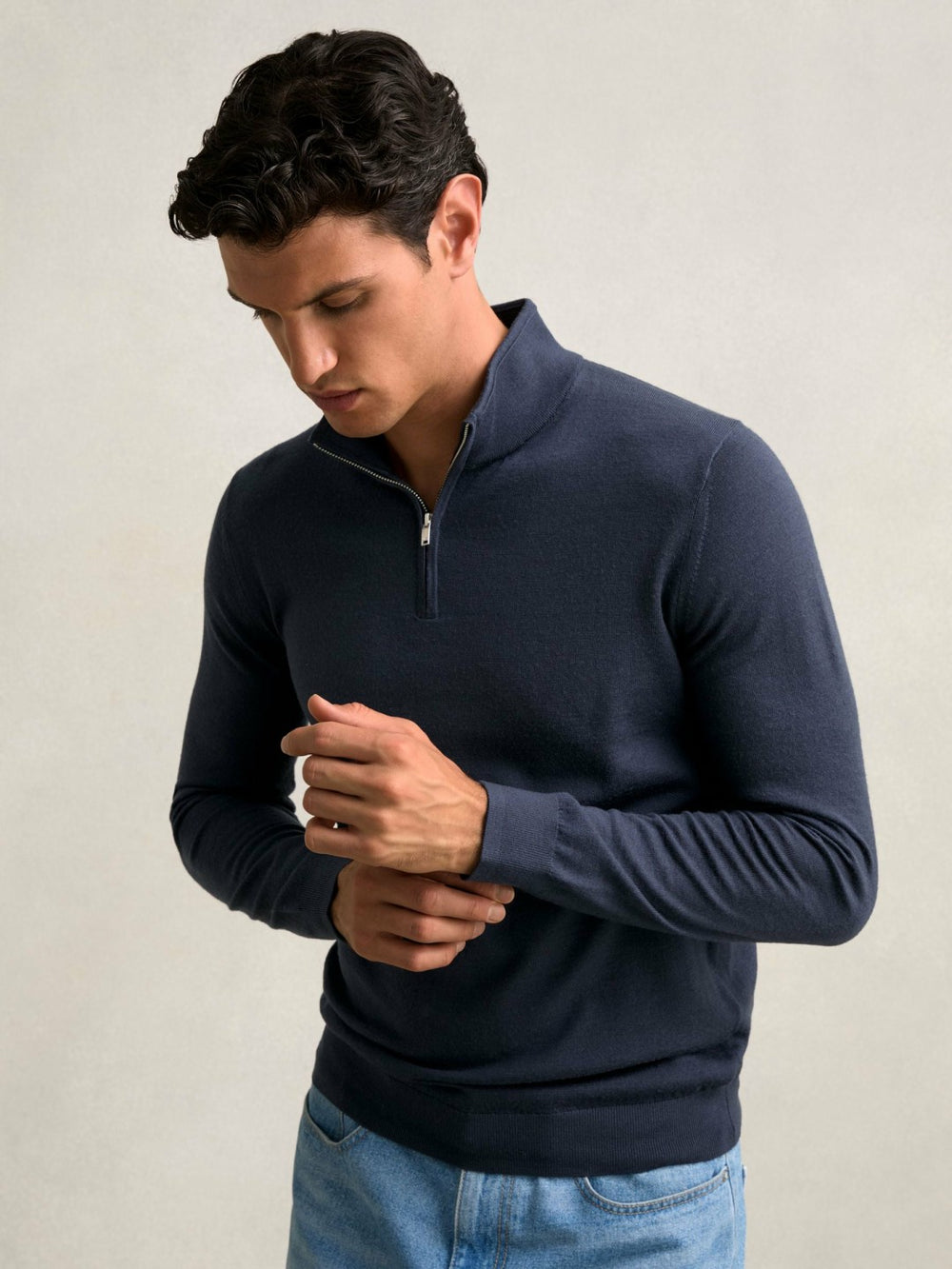 Men Merino Wool Half-Zip Jumper in Midnight Navy