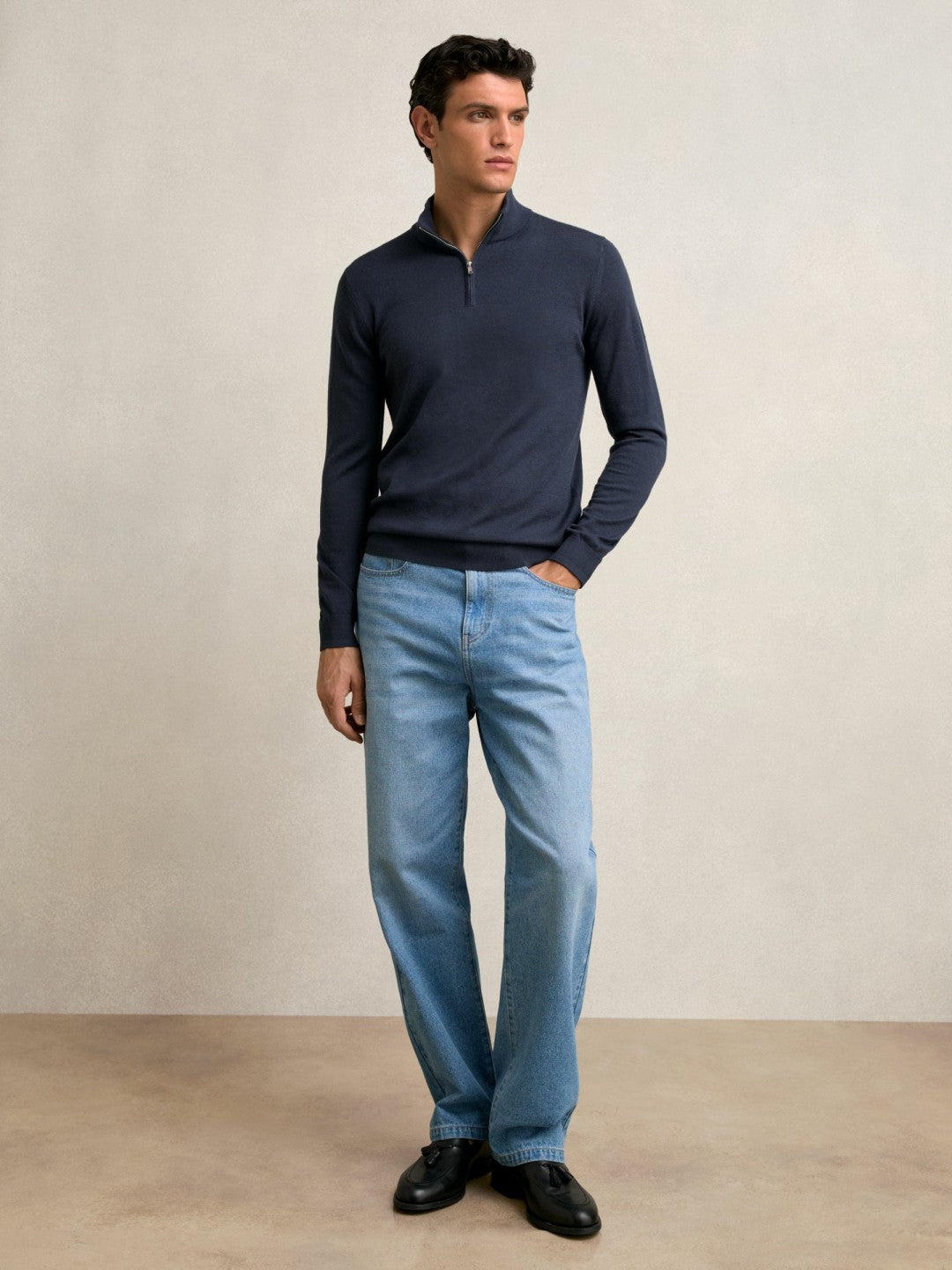 Men Merino Wool Half-Zip Jumper in Midnight Navy
