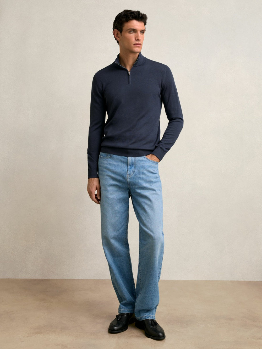 Men Merino Wool Half-Zip Jumper in Midnight Navy
