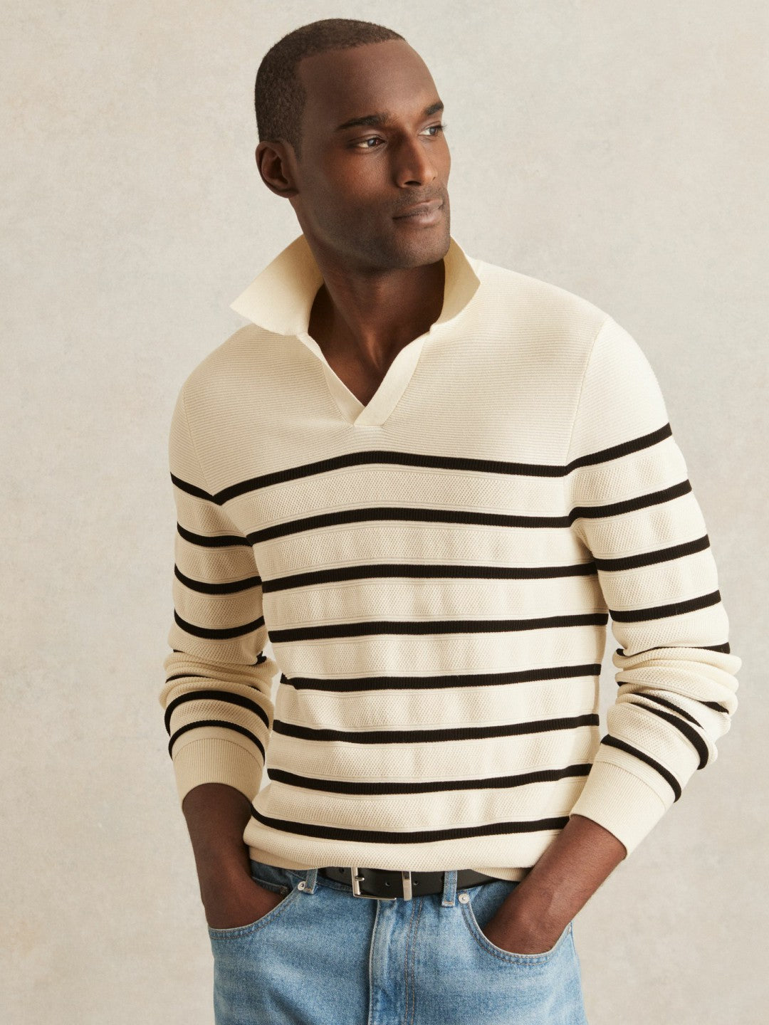 Men Cotton Blend Stripe Knit Polo Shirt in Warm Stone/Black