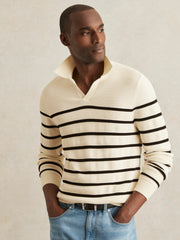 Men Cotton Blend Stripe Knit Polo Shirt in Warm Stone/Black