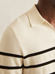 Men Cotton Blend Stripe Knit Polo Shirt in Warm Stone/Black