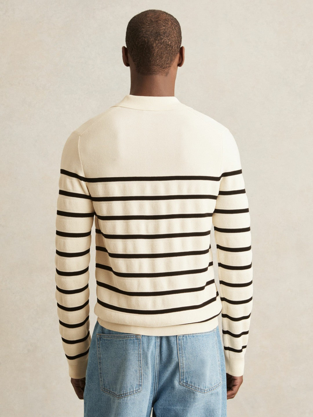 Men Cotton Blend Stripe Knit Polo Shirt in Warm Stone/Black