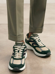 Men Panelled Running Trainers in Forest Green/Stone