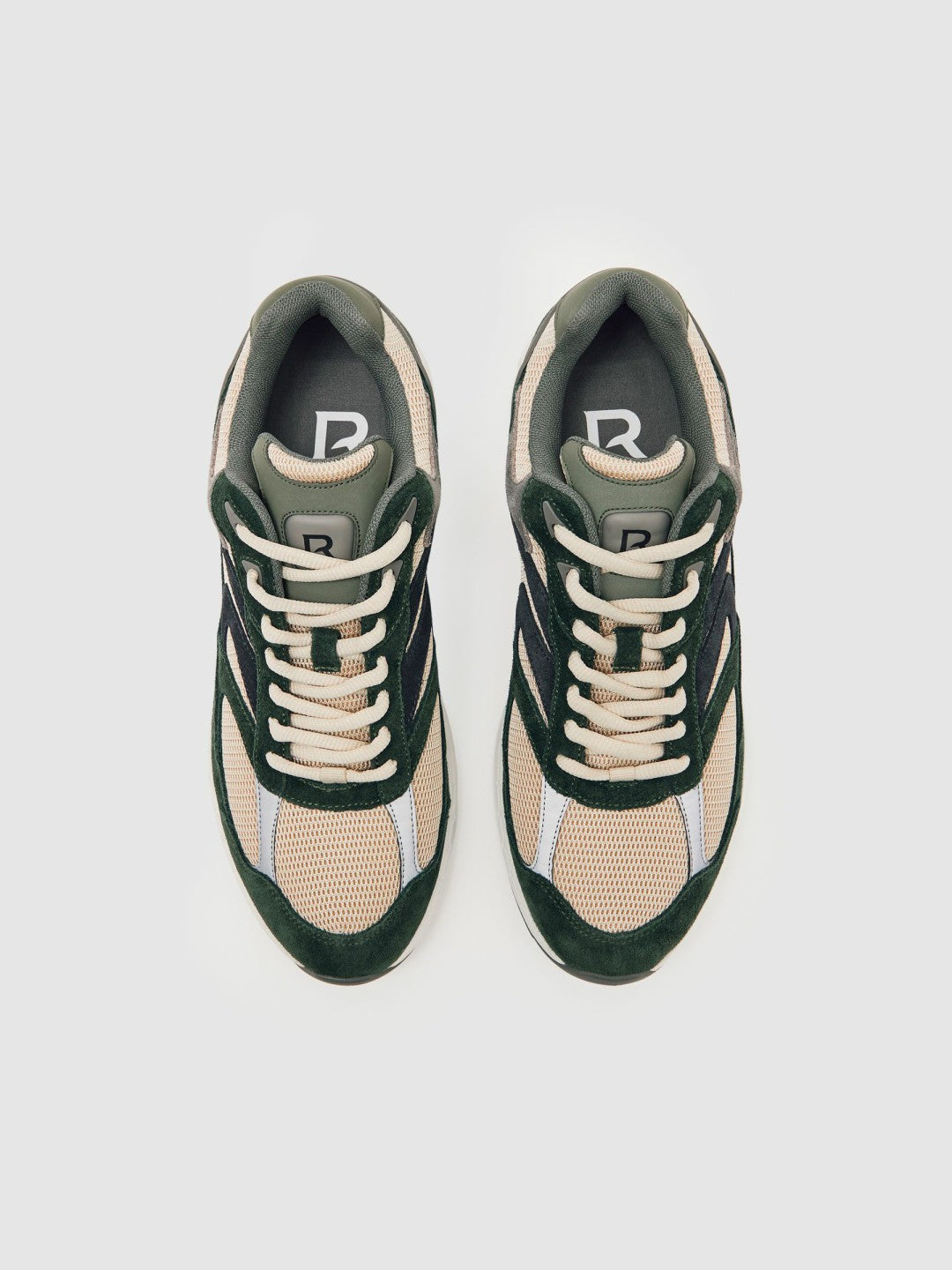 Men Panelled Running Trainers in Forest Green/Stone