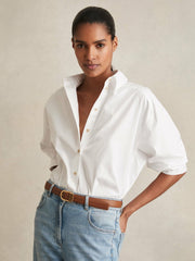 Women Leather Curved-Buckle Belt in Tan
