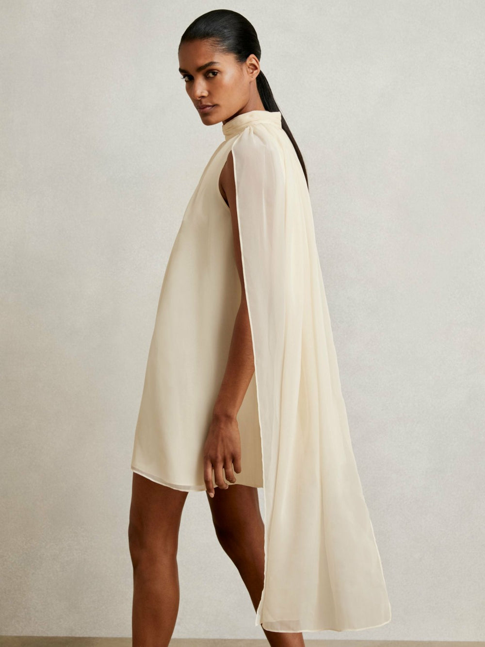 Women Draped Chiffon Sleeveless Mini Dress in Ivory