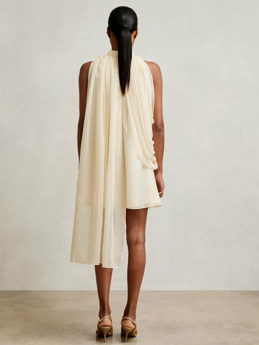 Women Draped Chiffon Sleeveless Mini Dress in Ivory