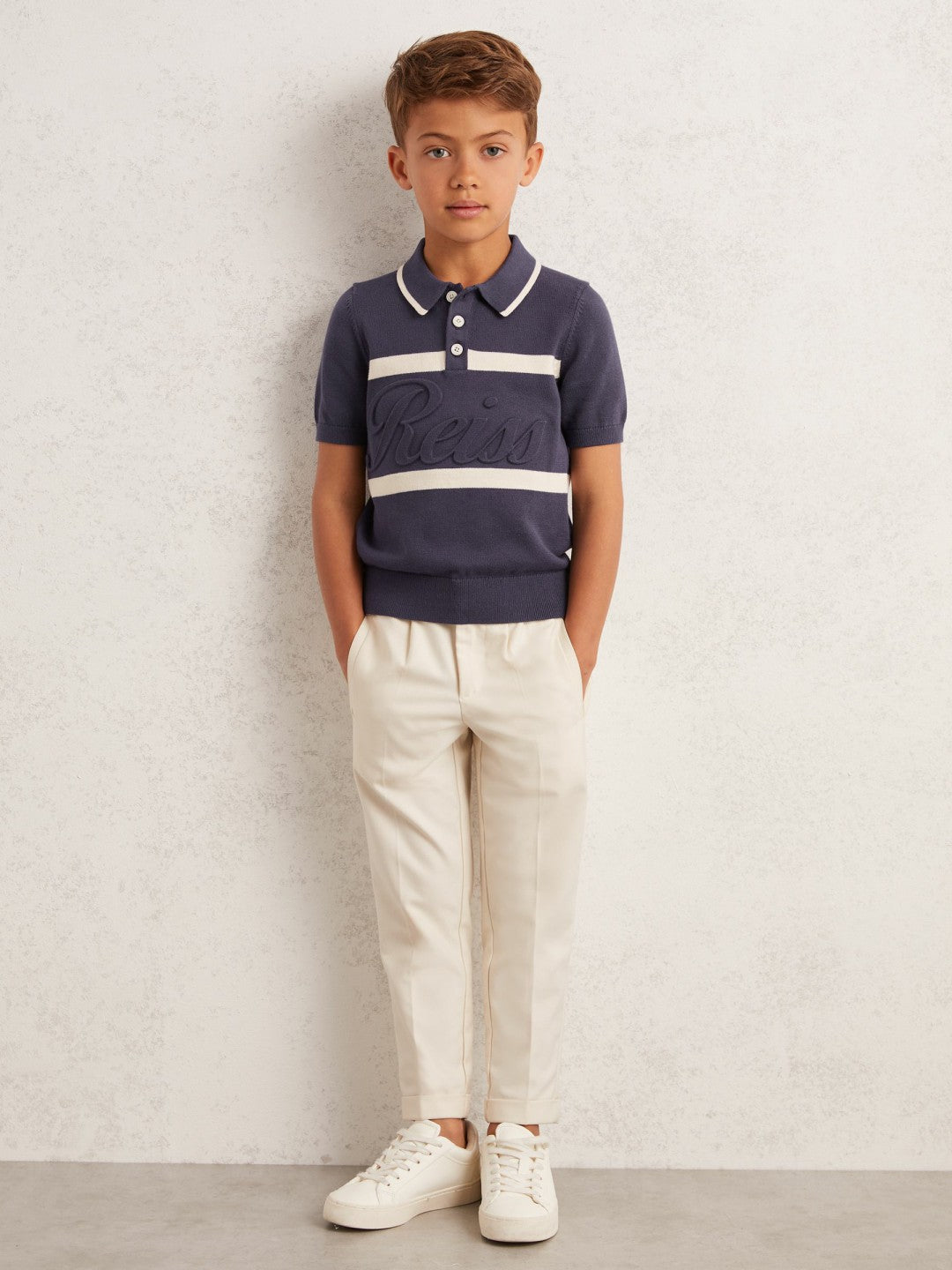 Children & Baby 3-9 yrs Cotton Logo-Embossed Knit Polo Shirt in Indigo Blue/White