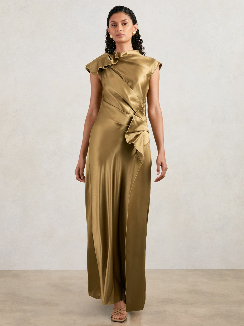 Women Acler Draped Satin Midi Dress in Gold Moss