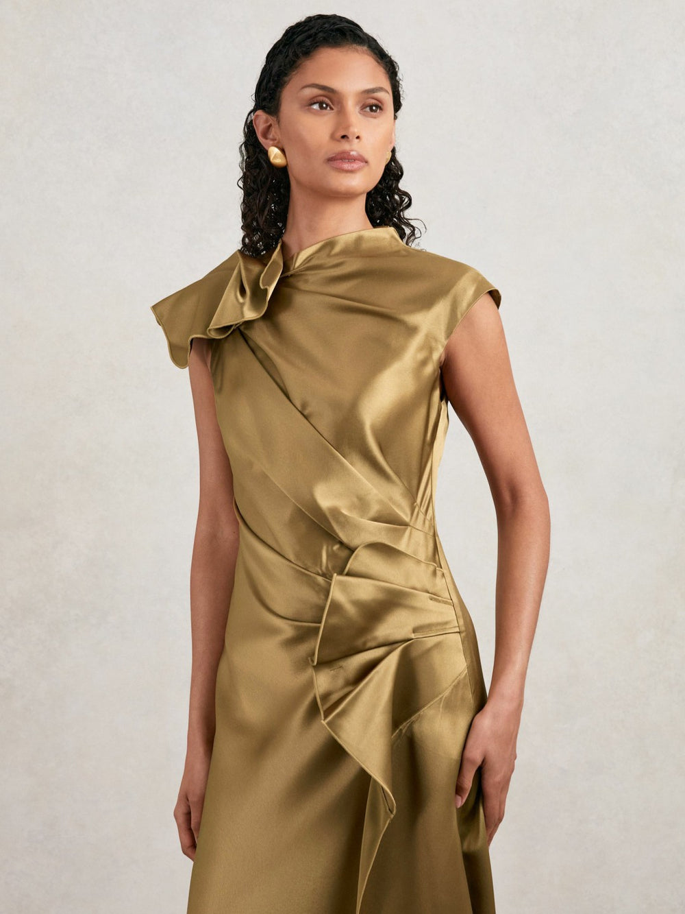 Women Acler Draped Satin Midi Dress in Gold Moss
