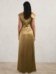 Women Acler Draped Satin Midi Dress in Gold Moss