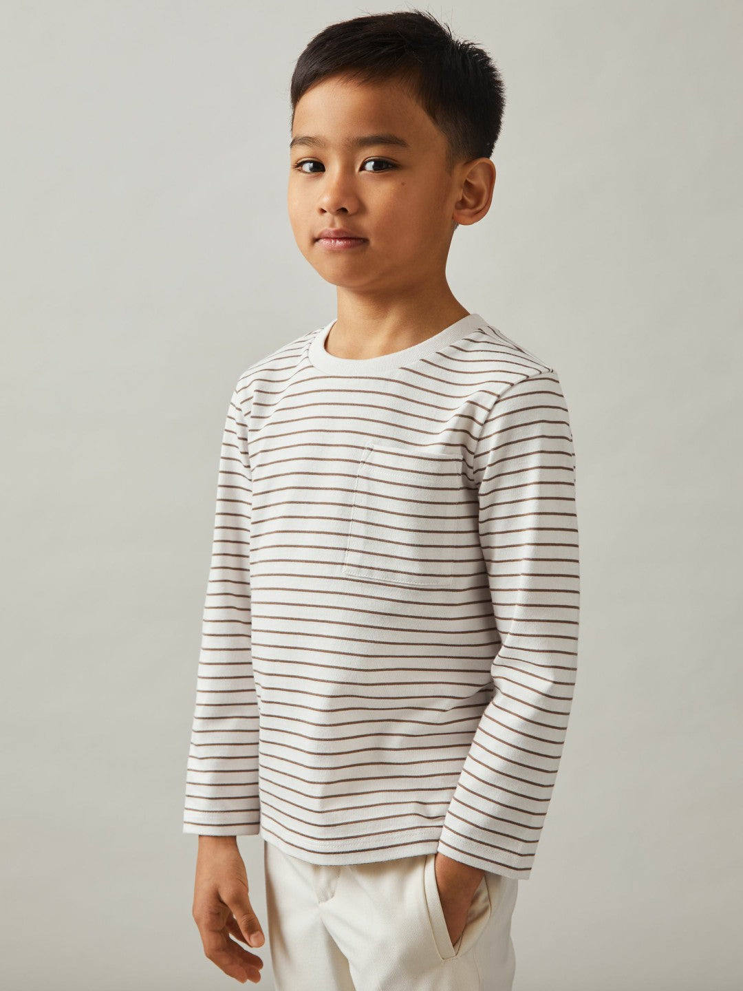 Children & Baby 9-13 yrs Stretch-Cotton Stripe T-Shirt in Off White/Camel