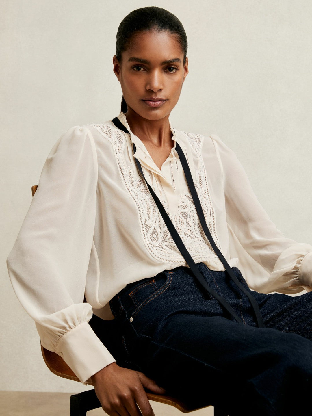 Women Lace-Embroidered Tie-Neck Shirt in Cream