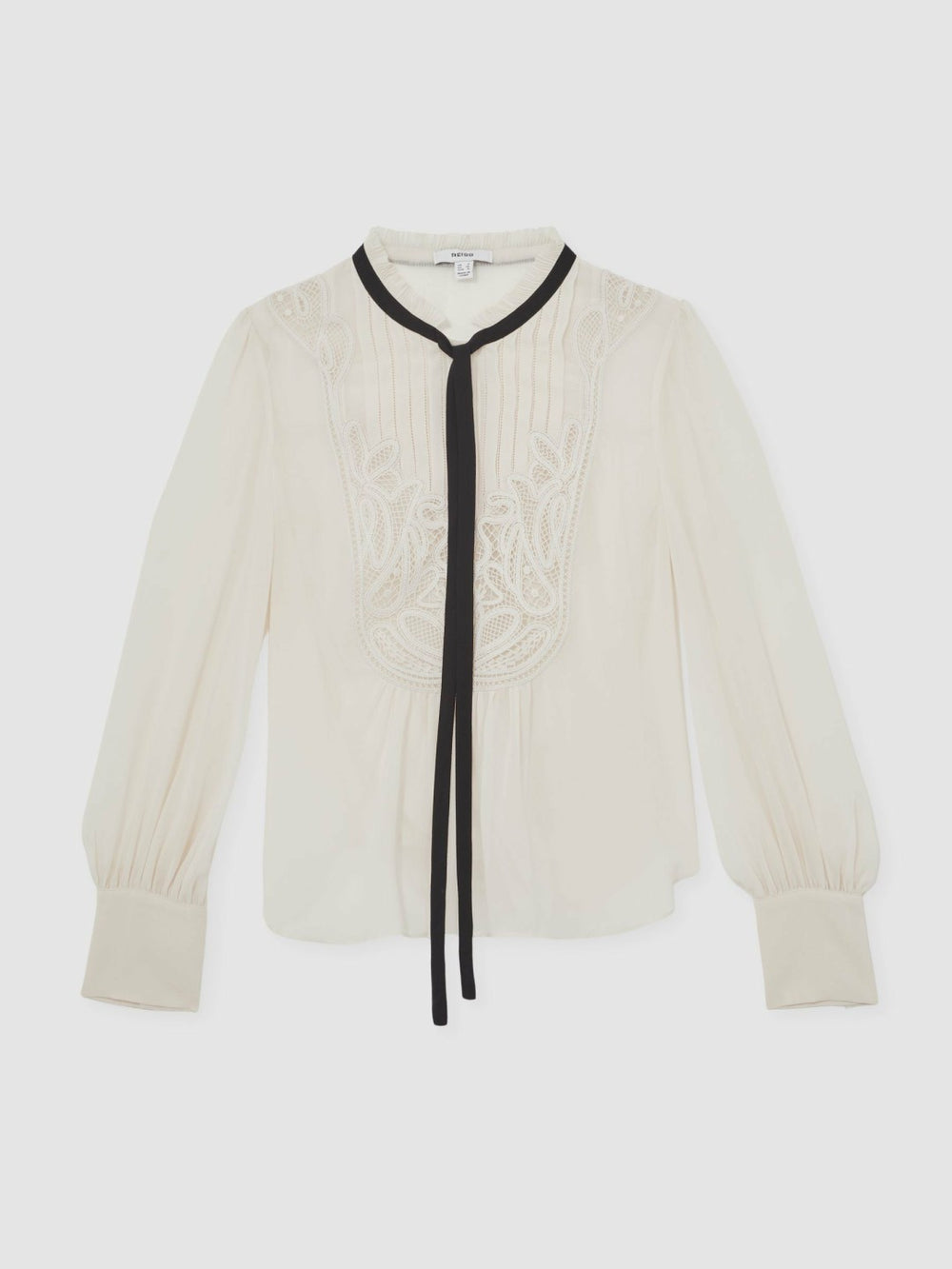 Women Lace-Embroidered Tie-Neck Shirt in Cream