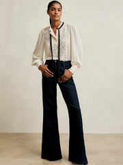 Women Lace-Embroidered Tie-Neck Shirt in Cream