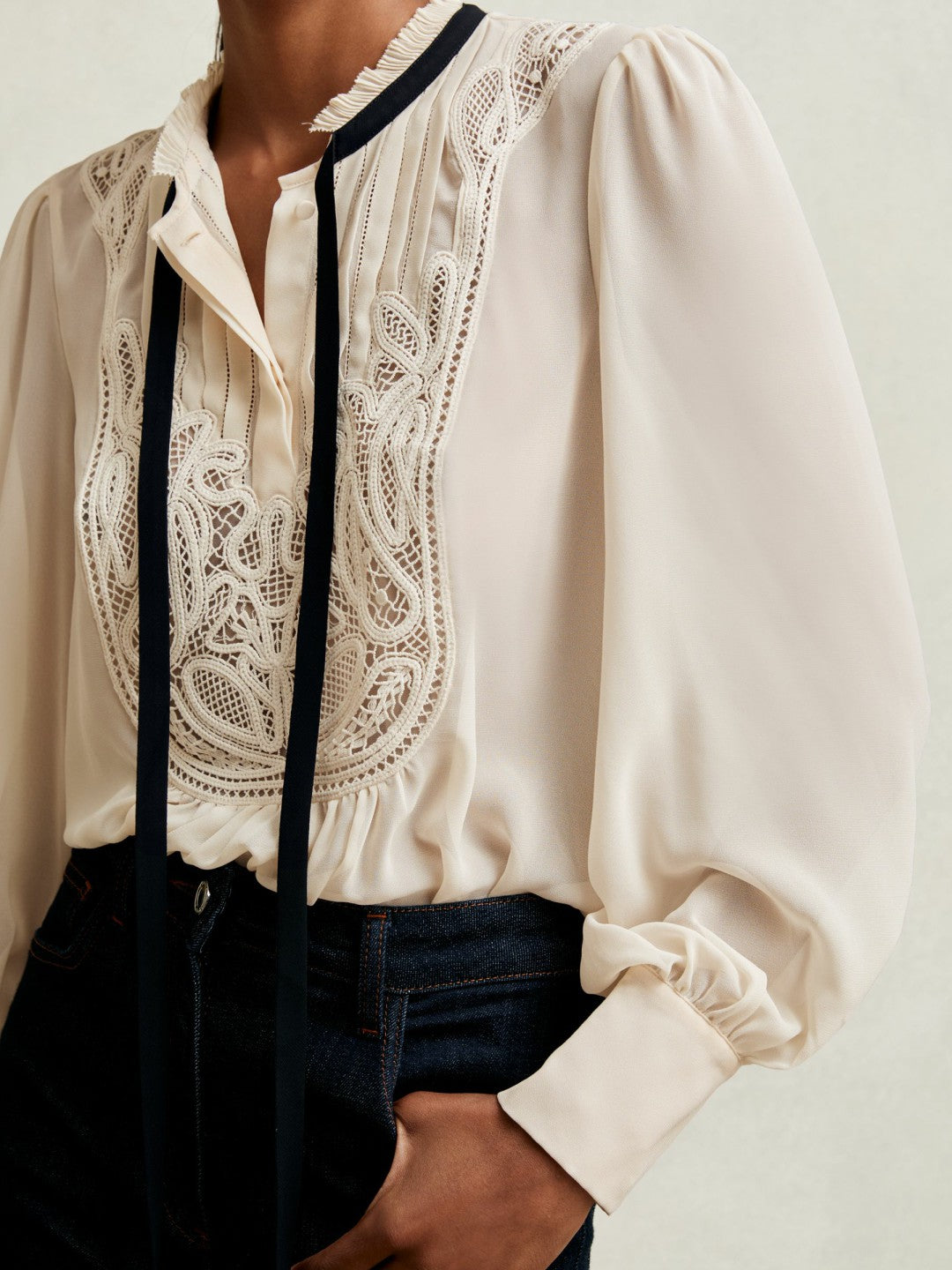 Women Lace-Embroidered Tie-Neck Shirt in Cream