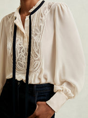 Women Lace-Embroidered Tie-Neck Shirt in Cream