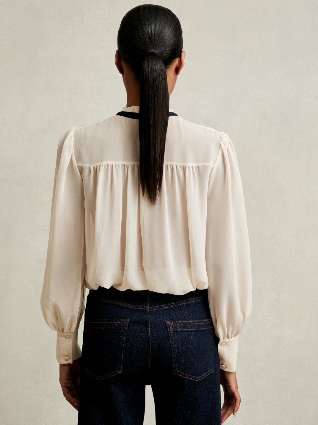 Women Lace-Embroidered Tie-Neck Shirt in Cream