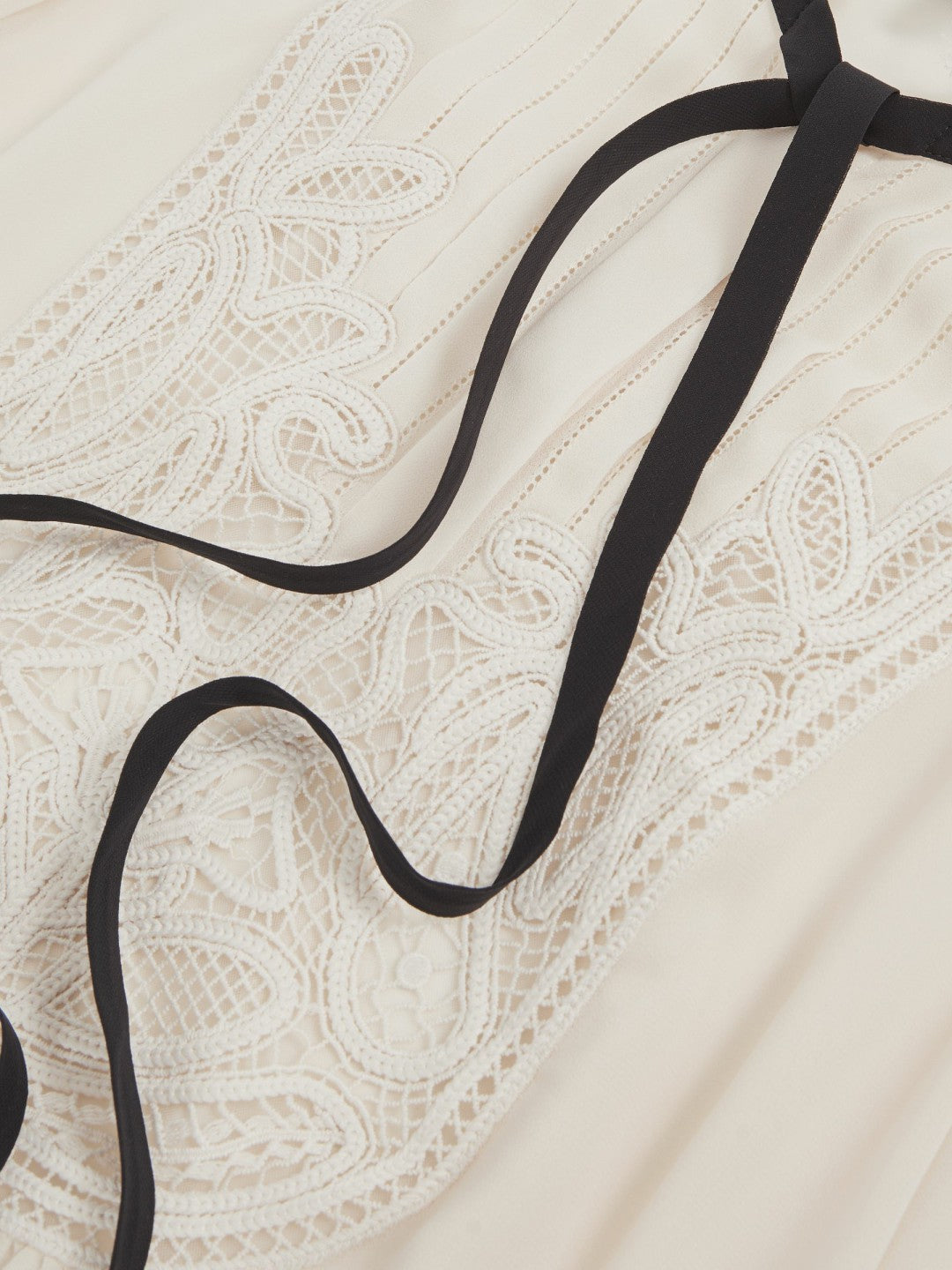 Women Lace-Embroidered Tie-Neck Shirt in Cream