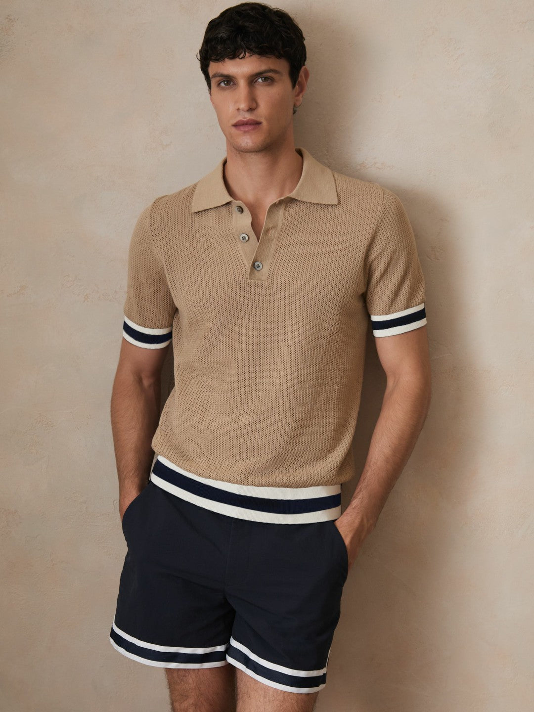 Men | Ché Cotton Knit Polo Shirt in Camel Brown