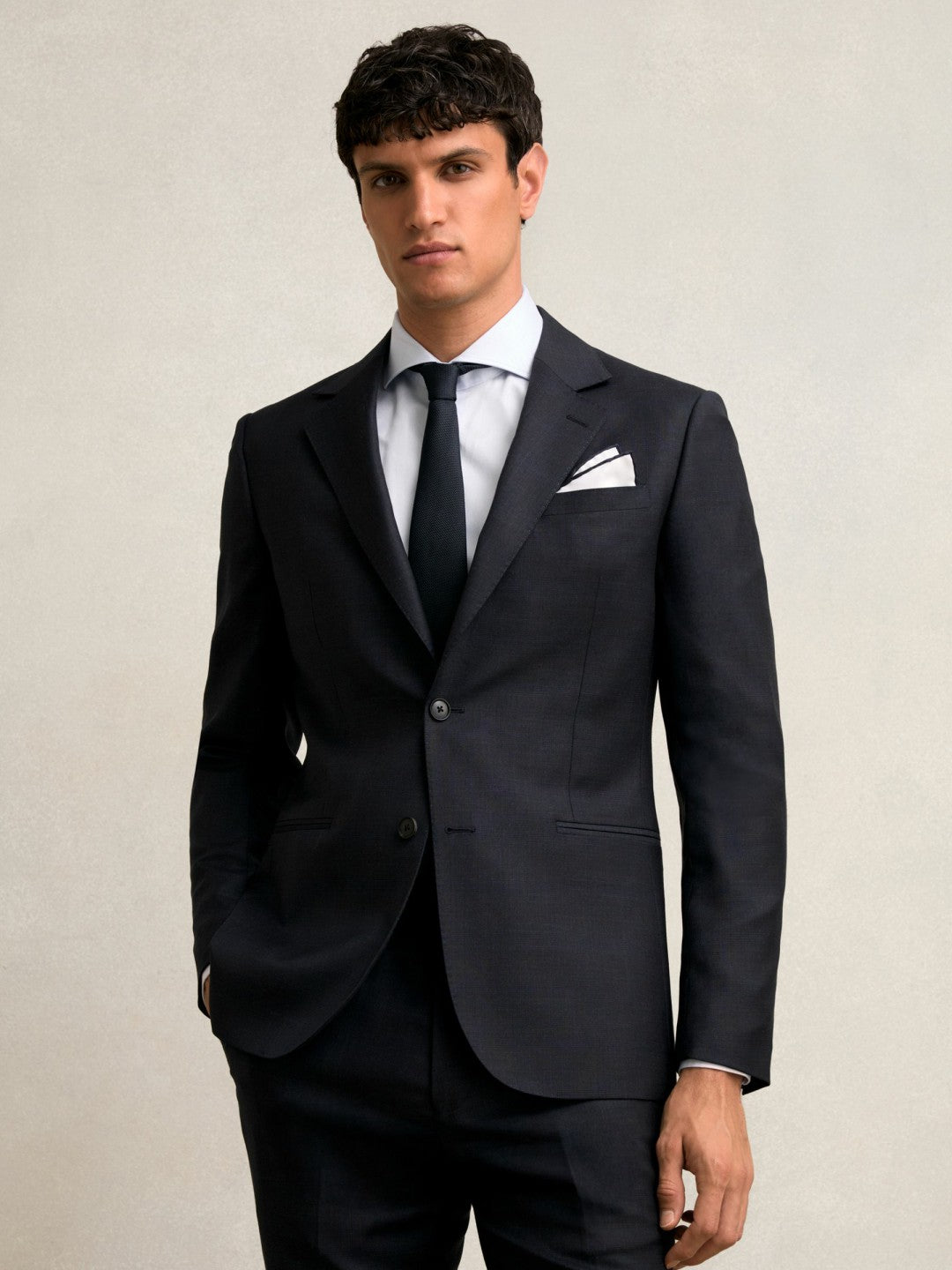 Men Slim-Fit Wool Single Breasted Check Suit Blazer in Navy