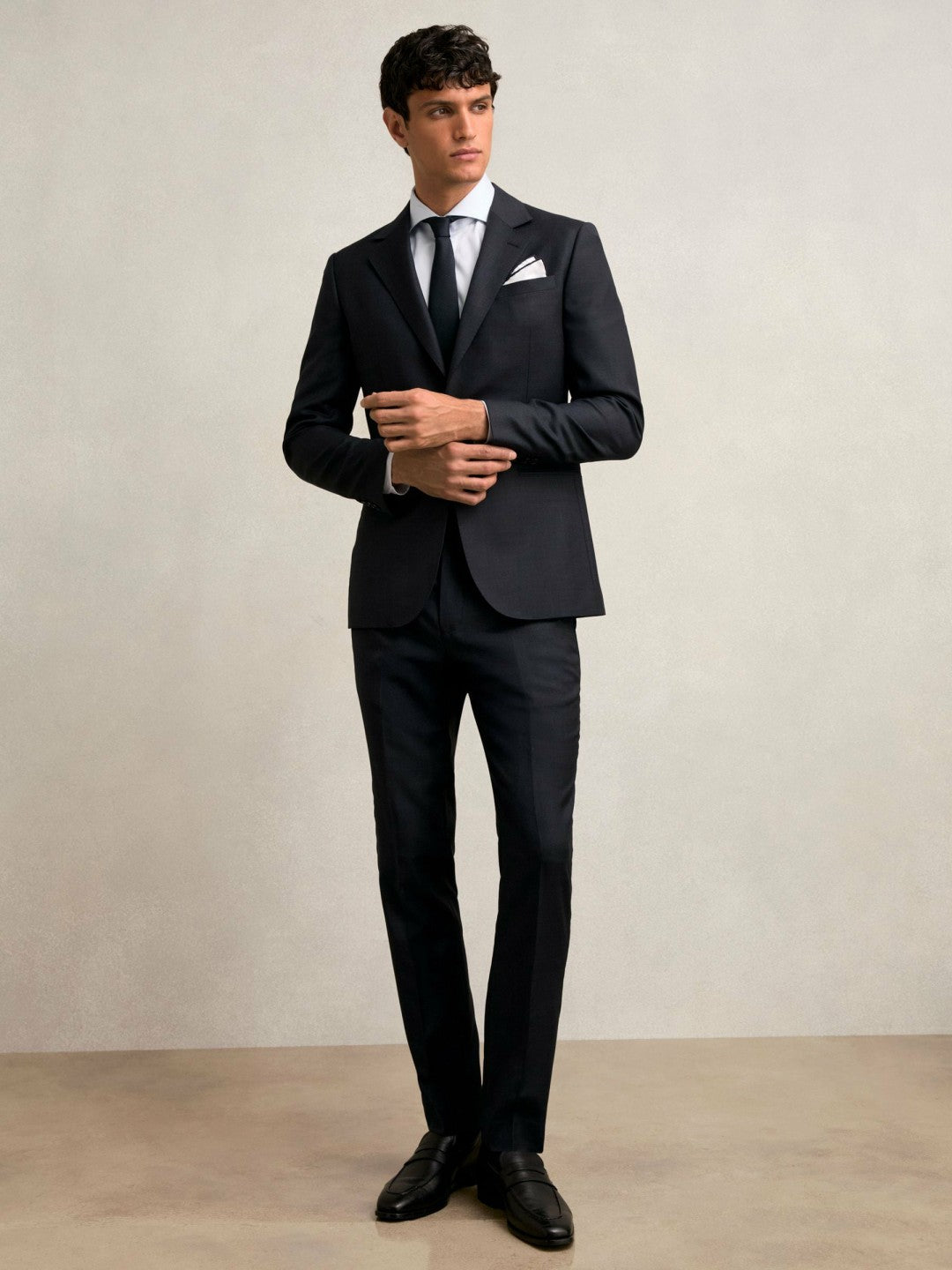 Men Slim-Fit Wool Single Breasted Check Suit Blazer in Navy