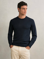 Men Merino Wool Crew Neck Jumper in Midnight Navy