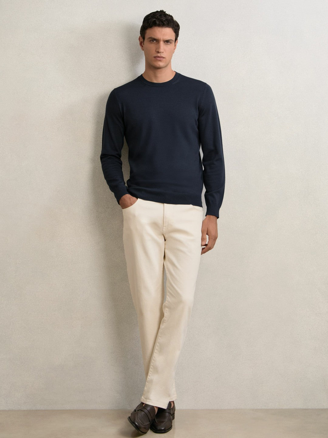Men Merino Wool Crew Neck Jumper in Midnight Navy