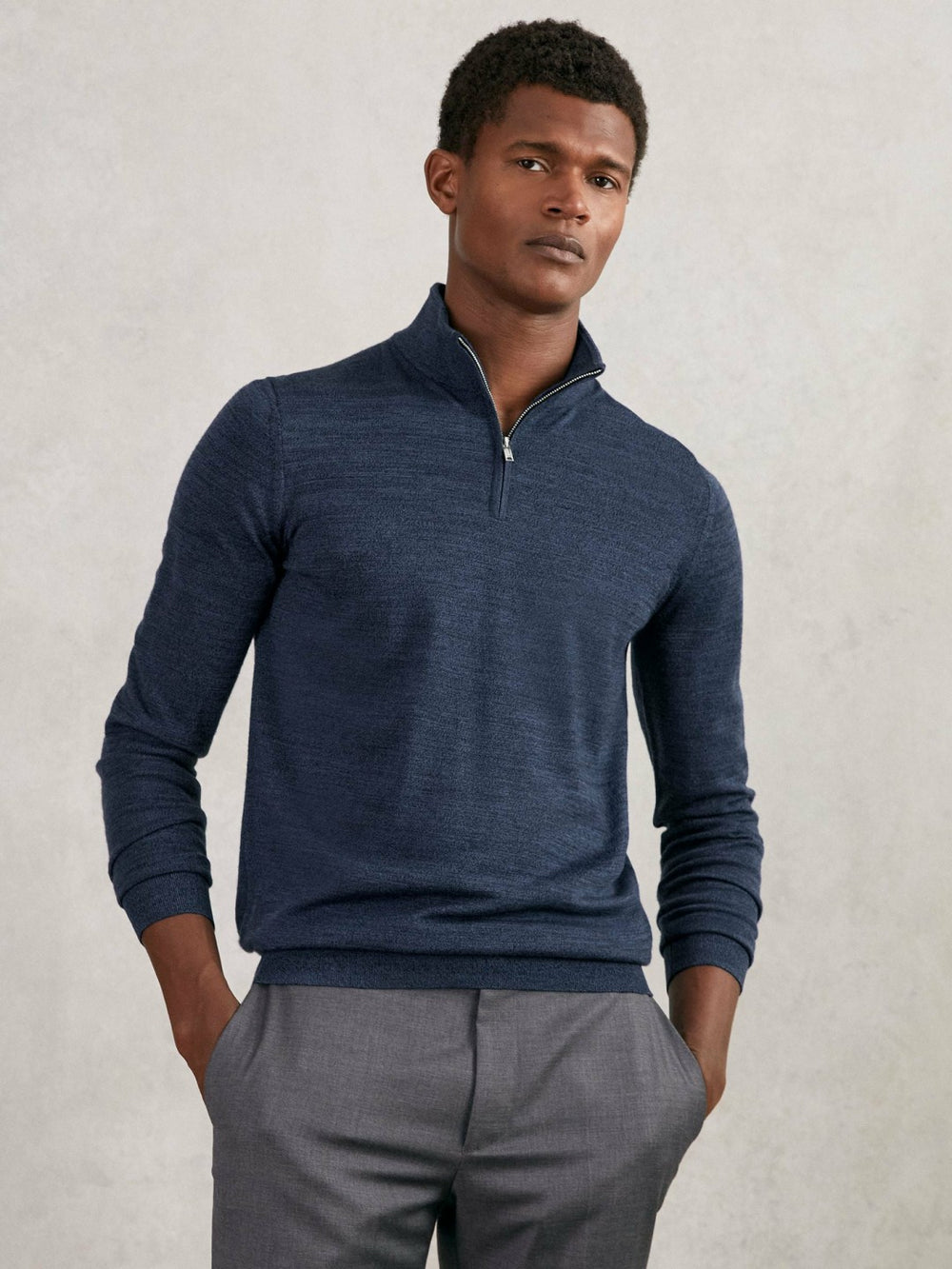 Men Merino Wool Half-Zip Jumper in Denim Jaspe