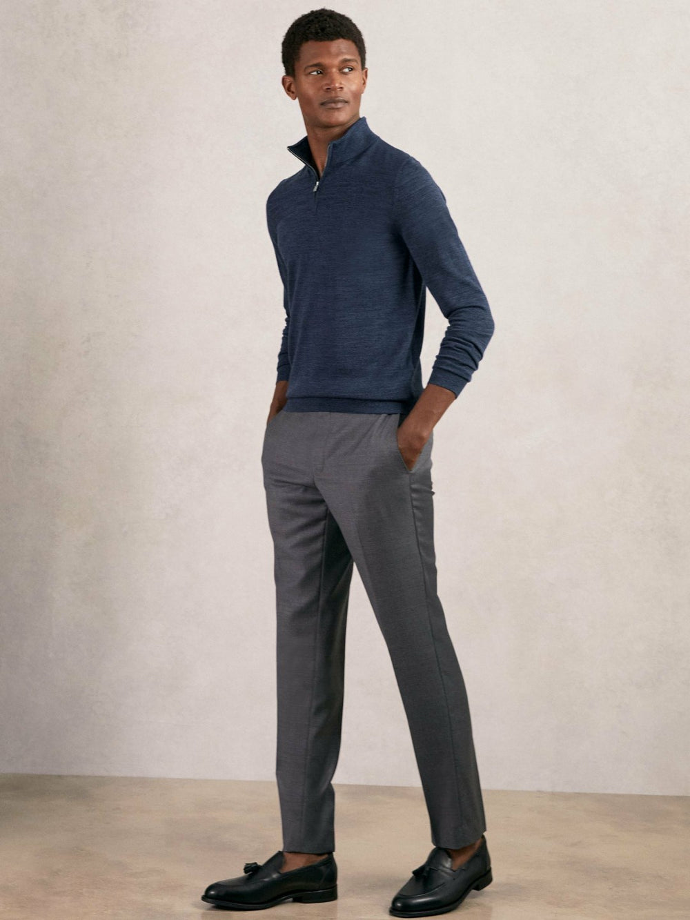 Men Merino Wool Half-Zip Jumper in Denim Jaspe