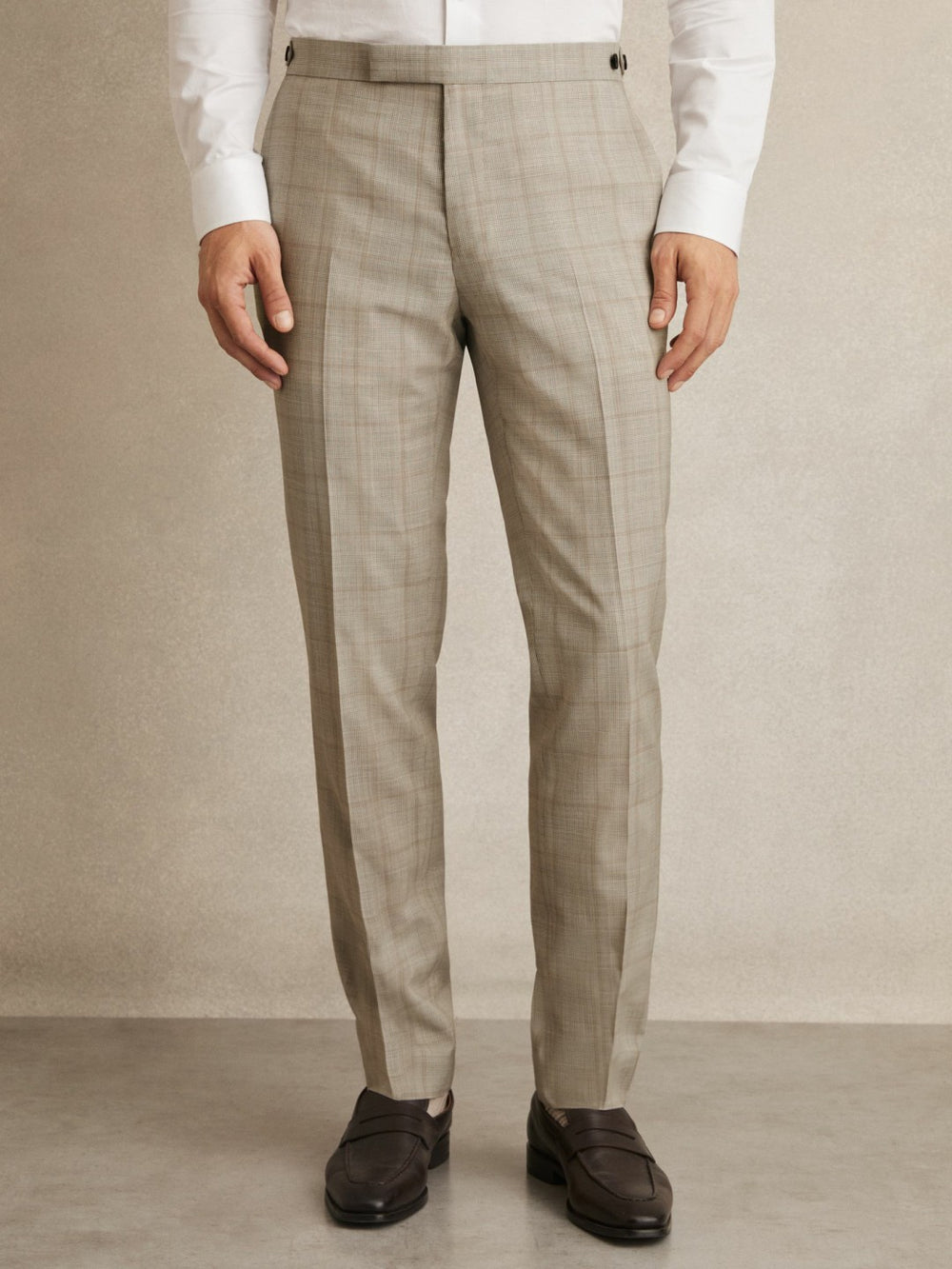 Men Slim-Fit Wool Check Suit Trousers in Oatmeal Brown