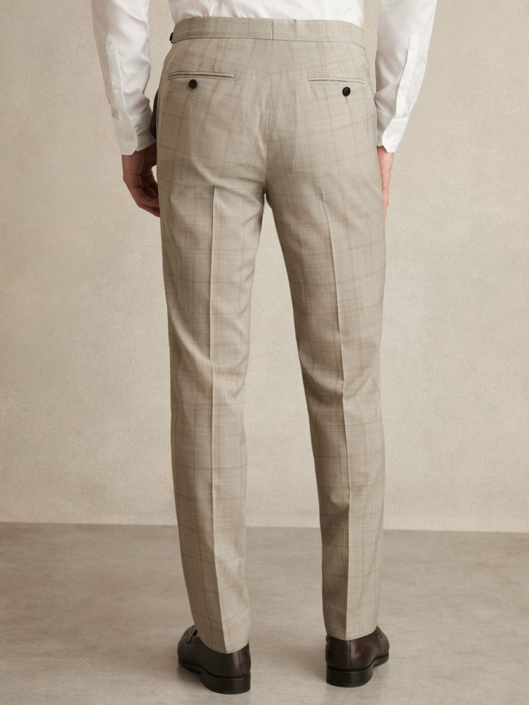 Men Slim-Fit Wool Check Suit Trousers in Oatmeal Brown