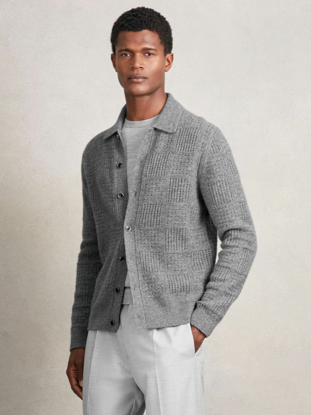 Men Wool Button Through Pointelle Shirt in Mid Grey