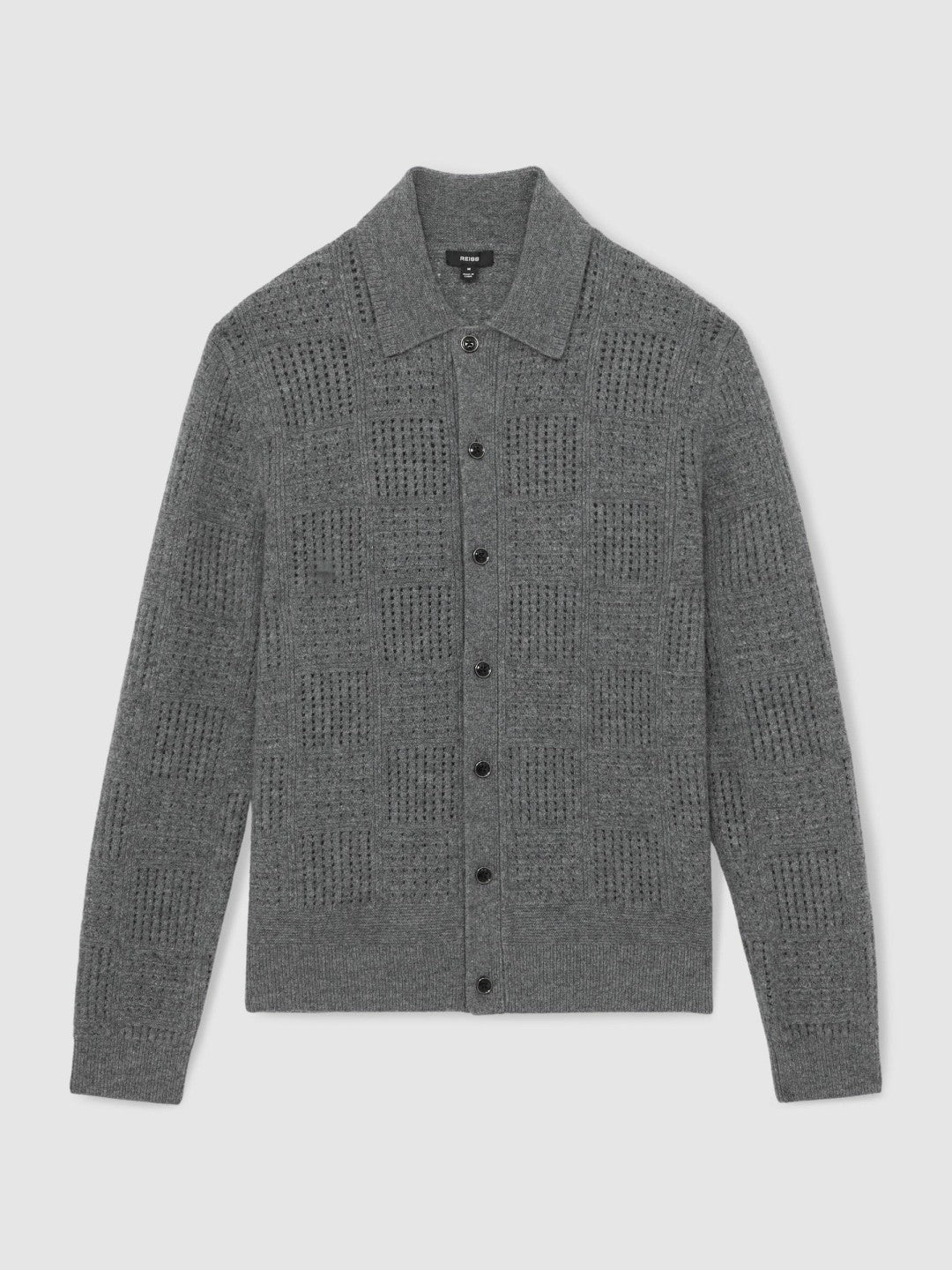 Men Wool Button Through Pointelle Shirt in Mid Grey