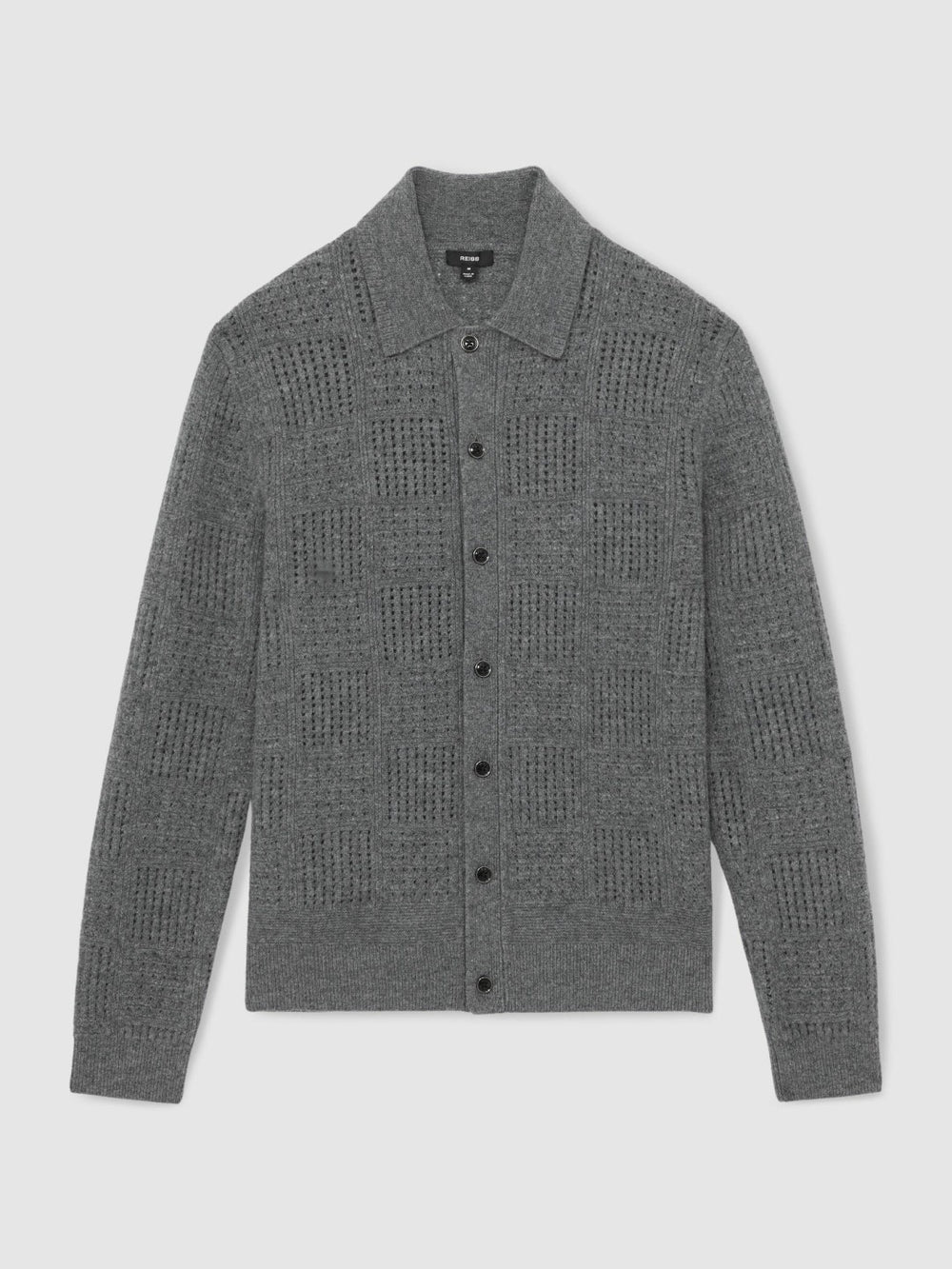 Men Wool Button Through Pointelle Shirt in Mid Grey