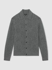 Men Wool Button Through Pointelle Shirt in Mid Grey