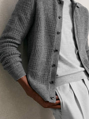 Men Wool Button Through Pointelle Shirt in Mid Grey